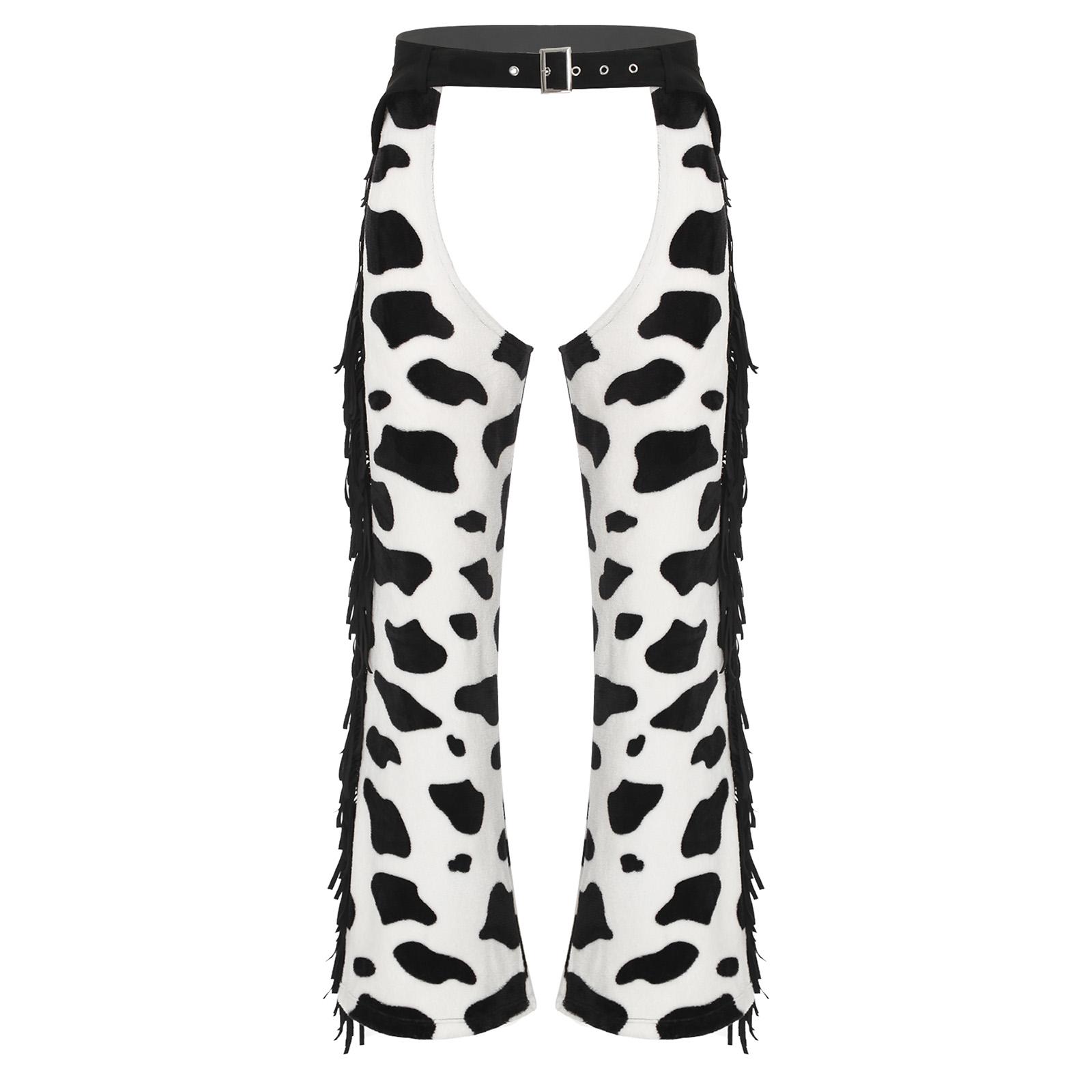 Mens Cow Spot Western Cowboy Chaps Cosplay Costume Pattern Flannel Long Pants Side Tassel Open Crotch Biking Riding Trousers S