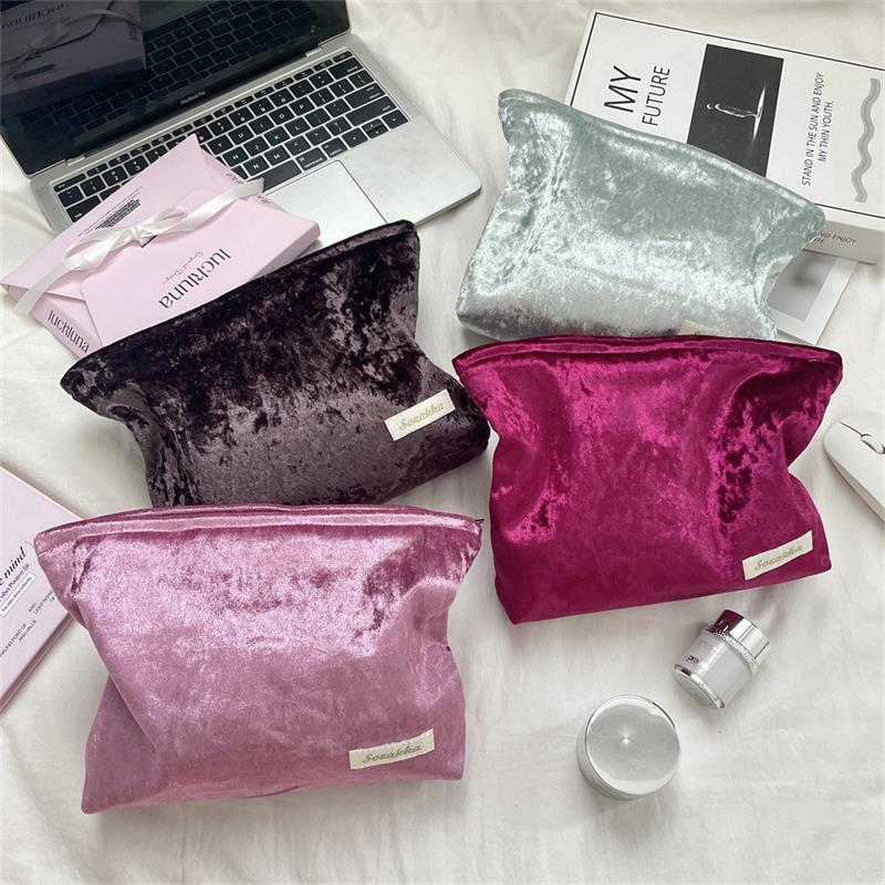 Trendy Velvet Cosmetic Bag Large Capacity Travel Suede Storage Bag Simple Women Girly Portable Clutch Toiletry Bag Gifts