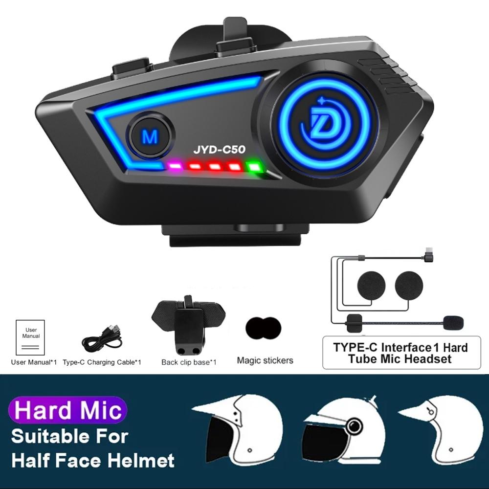 JYD-C50 Motorcycle Helmet Bluetooth 5.4 Headset Hands Free Call IPX67 Waterproof 500mAh Headset Speakers HiFi Stereo RGB Light
