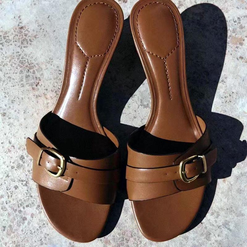 Fashion Coffee Kitten Heel Women Slippers Sexy Open Toe Metal Belt Buckle Design Slide Sandals Comfortable Street Style Mules Slippers