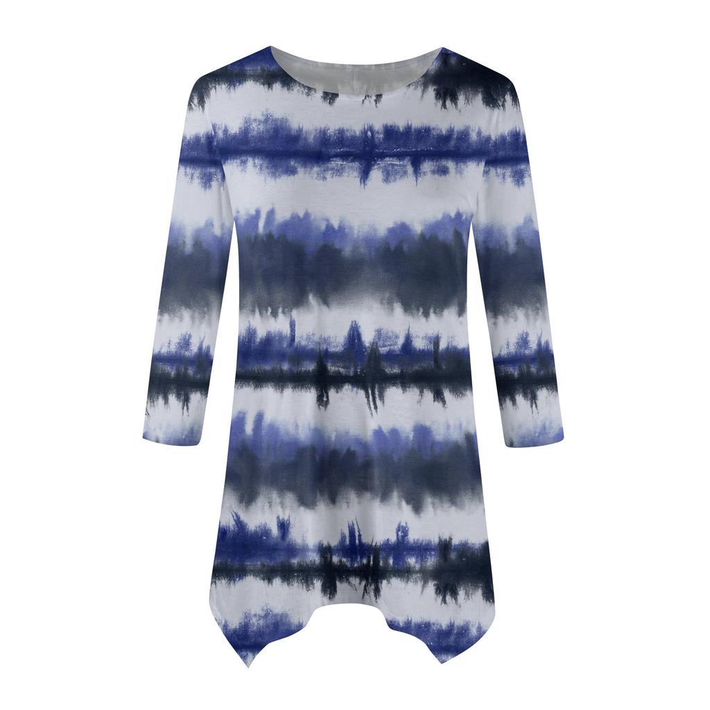 Women's Fashion Casual Round Neck Striped Printed Seven-point Sleeve Shirt Belted Loose Comfortable Top