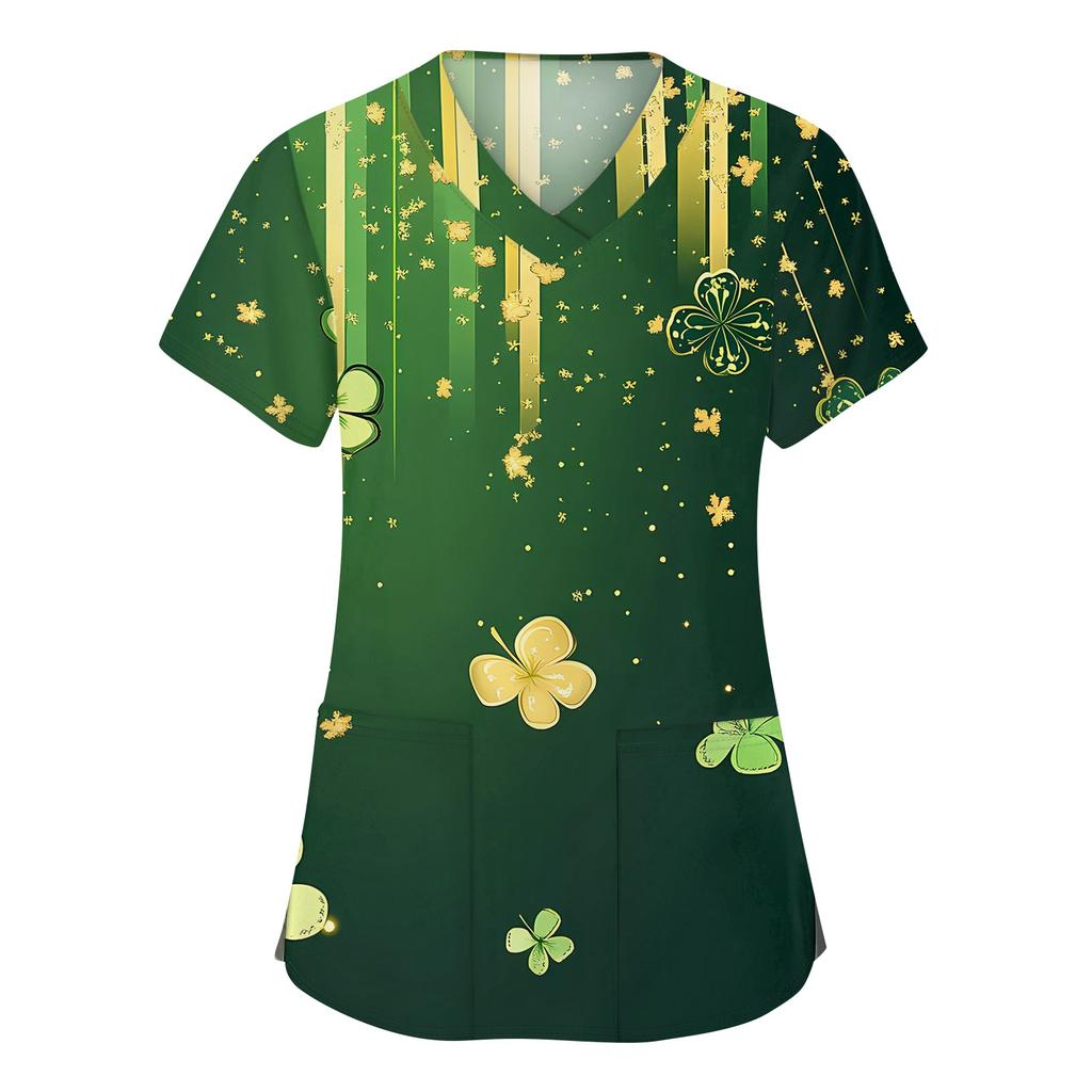 Women's Fashion V-neck Short Sleeve Workwear With Pockets Printed Tops