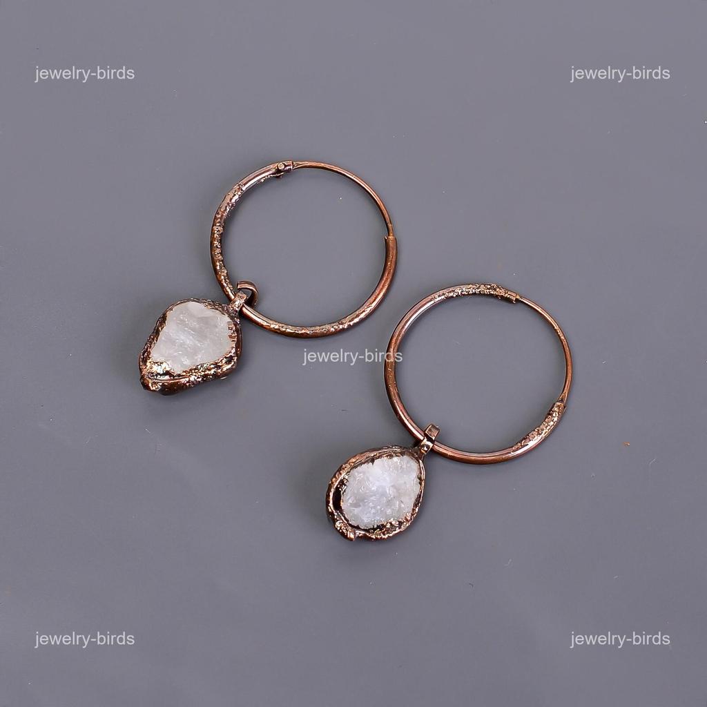 Rainbow Moonstone Gemstone Copper Dangle Birthday Electroformed Earrings Jewelry V-110