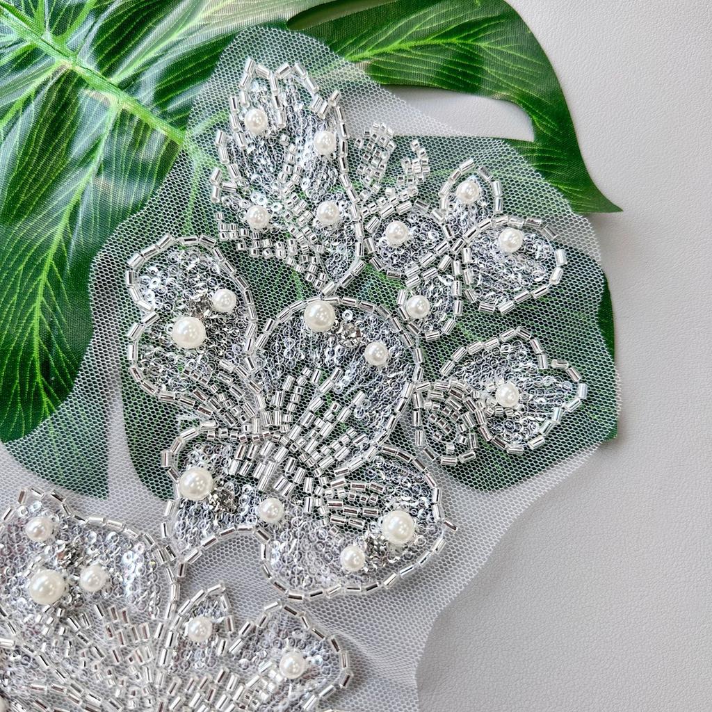 Heavy Industry Mesh Handmade Beaded Sequins Pair Of Flowers Wedding Dress Dance Dress Decorative Accessories Cloth Sticker Clothing Accessories