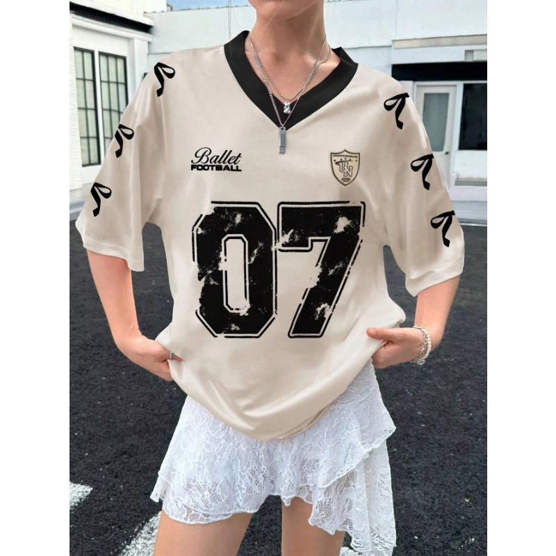 Latest Women's No.07 Letters Printed V-Neck Short Sleeve Summer Soccer Jersey Loose Casual Sports Women's Pajamas T-Shirt Y2k