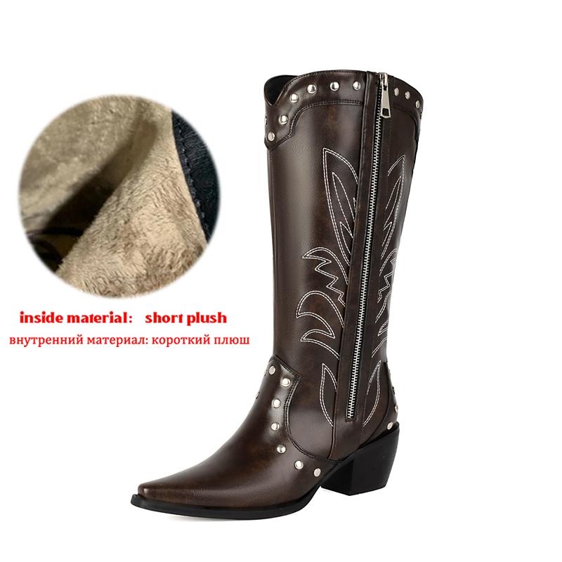Krazing Po Microfiber Winter Pointed Toe Western Boots Size 43 Metal Rivets Embroidery Thick Heels Mid-calf Boots