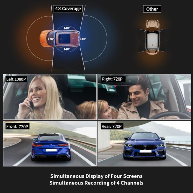 Dash Cam per Auto 3/4 Canali Scatola Nera Telecamera di Guida FHD Anteriore Sinistra Destra Posteriore Visione Notturna Registrazione in Loop