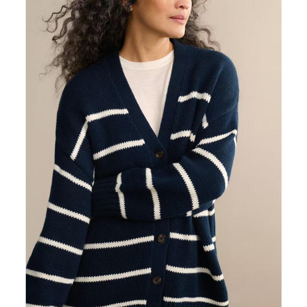 Vintage V-neck Black White Striped Knitted Cardigan Women's Autumn Winter Contrasting Colors Oversized Sweater Lazy Coats Women