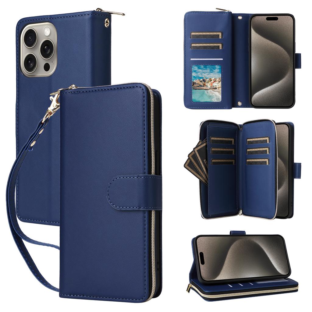 R20 For iPhone 15 Pro Max Case Zipper Pocket PU Leather Cover with 9 Card Slots