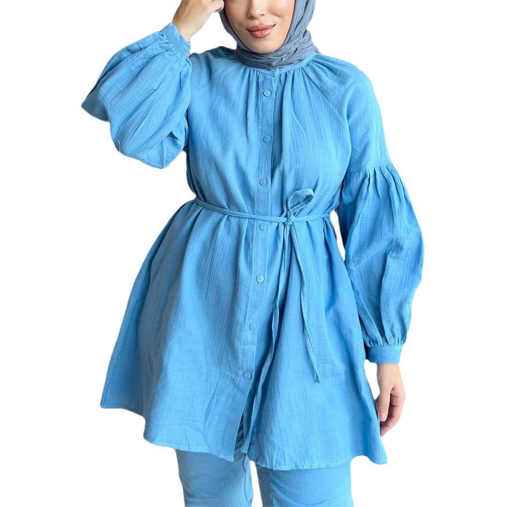 2024 Autumn/Winter Muslim Arabic Clothing Set: Long-Sleeve Shirt & Pants with Puff Sleeves