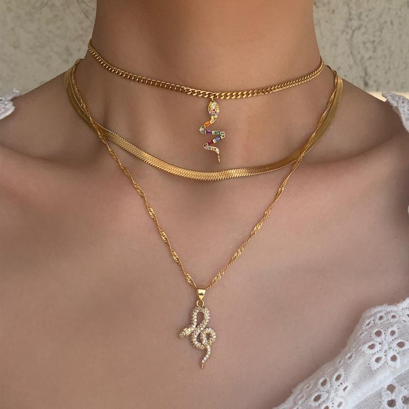 Double Serpentine Diamond Necklace Pendant, Creative Personality Punk Coarse Chain Collarbone Chain Women