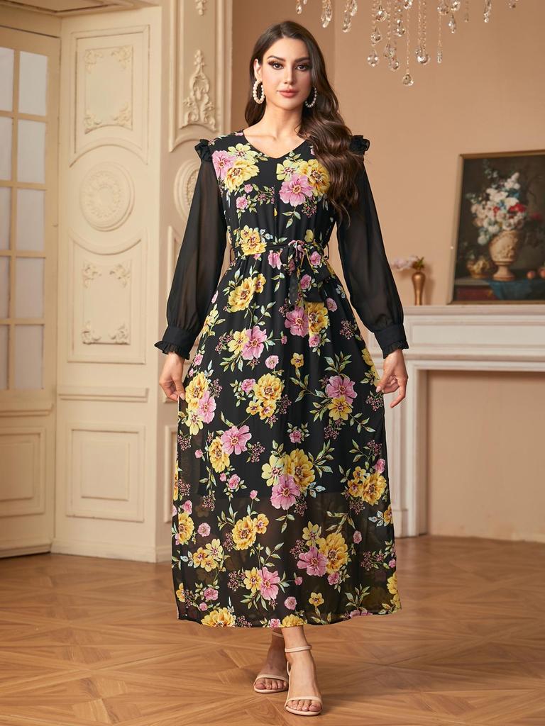 Elegantes Damen Langarm Patchworkkleid mit Druck für den Nahen Osten, Europa und Amerika