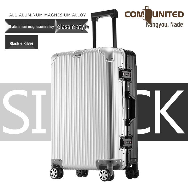 Aluminum-Magnesium Alloy Suitcase with Aluminum Frame, Universal Wheels, Combination Lock - 24" Carry-On for Students & Men's Business Travel.