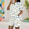 Women Plus Size White Printed Round Neck Short Sleeve Top Pocket Shorts Two Piece Set