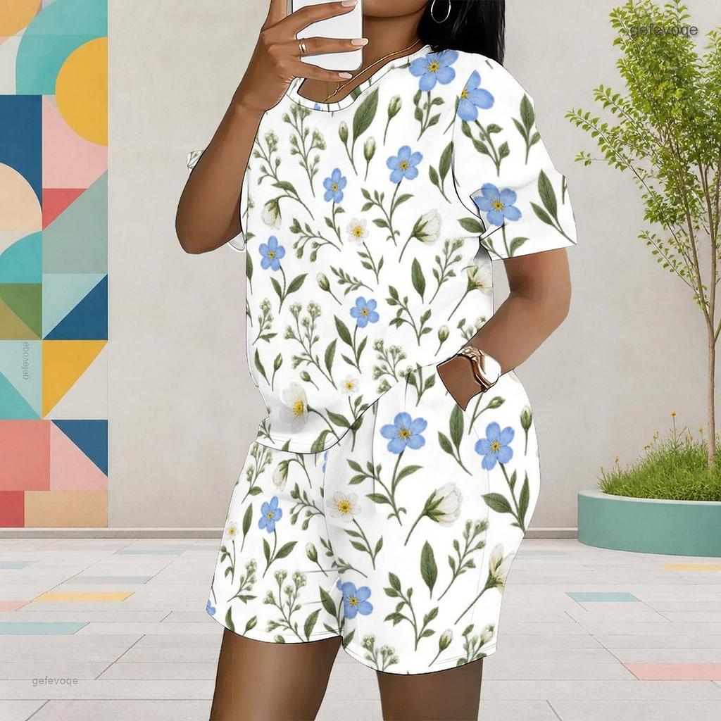 Women Plus Size White Printed Round Neck Short Sleeve Top Pocket Shorts Two Piece Set
