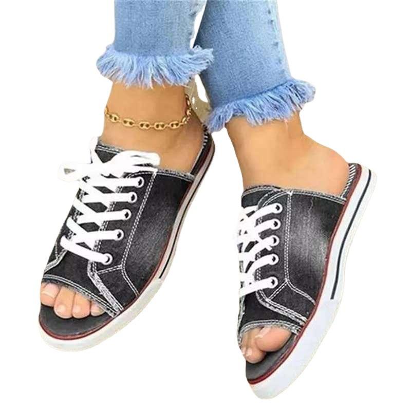 New Flat-bottomed Slippers Summer Denim Lace-up Casual Size Women's Cool