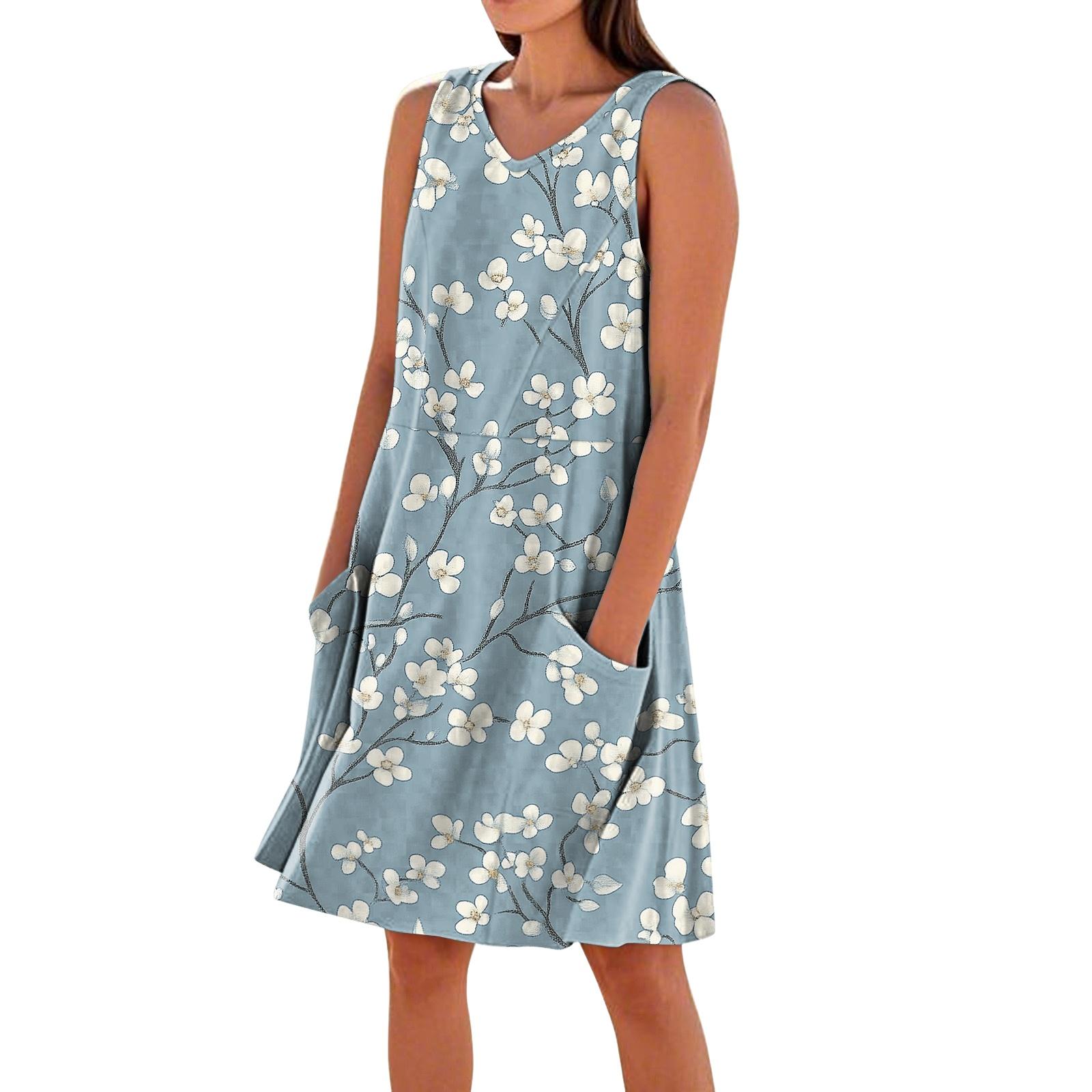 

Women Sleeveless V Neck Casual Dress with Pockets Floral Print Relaxed Fit Summer A Line Dress for Daily Wear S синій