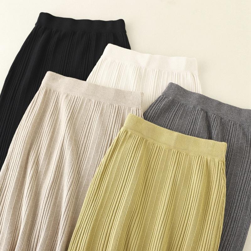 Podzim Zima Jednobarevné All Match Pletená svetrová sukně s vysokým pasem pro ženy Elegantní sukně s dělenými boky