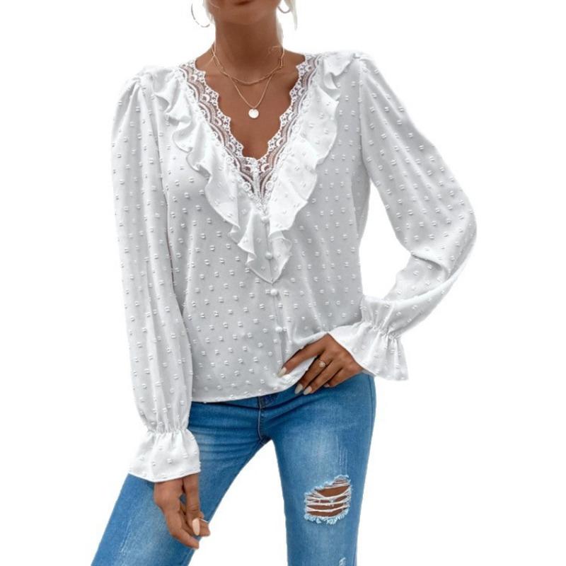Spring New Elegant Lace Splicing Jacquard Shirt Long Sleeved White Sweet Women Blouse Ruffled Loose Tops Fashion Dots Simple Clothing