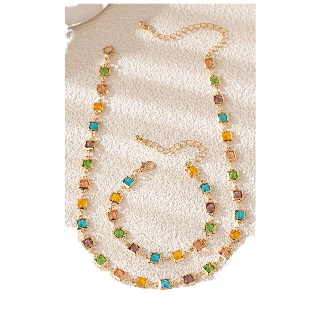 Luxury Colorful Crystal Square Necklace & Bracelet Set