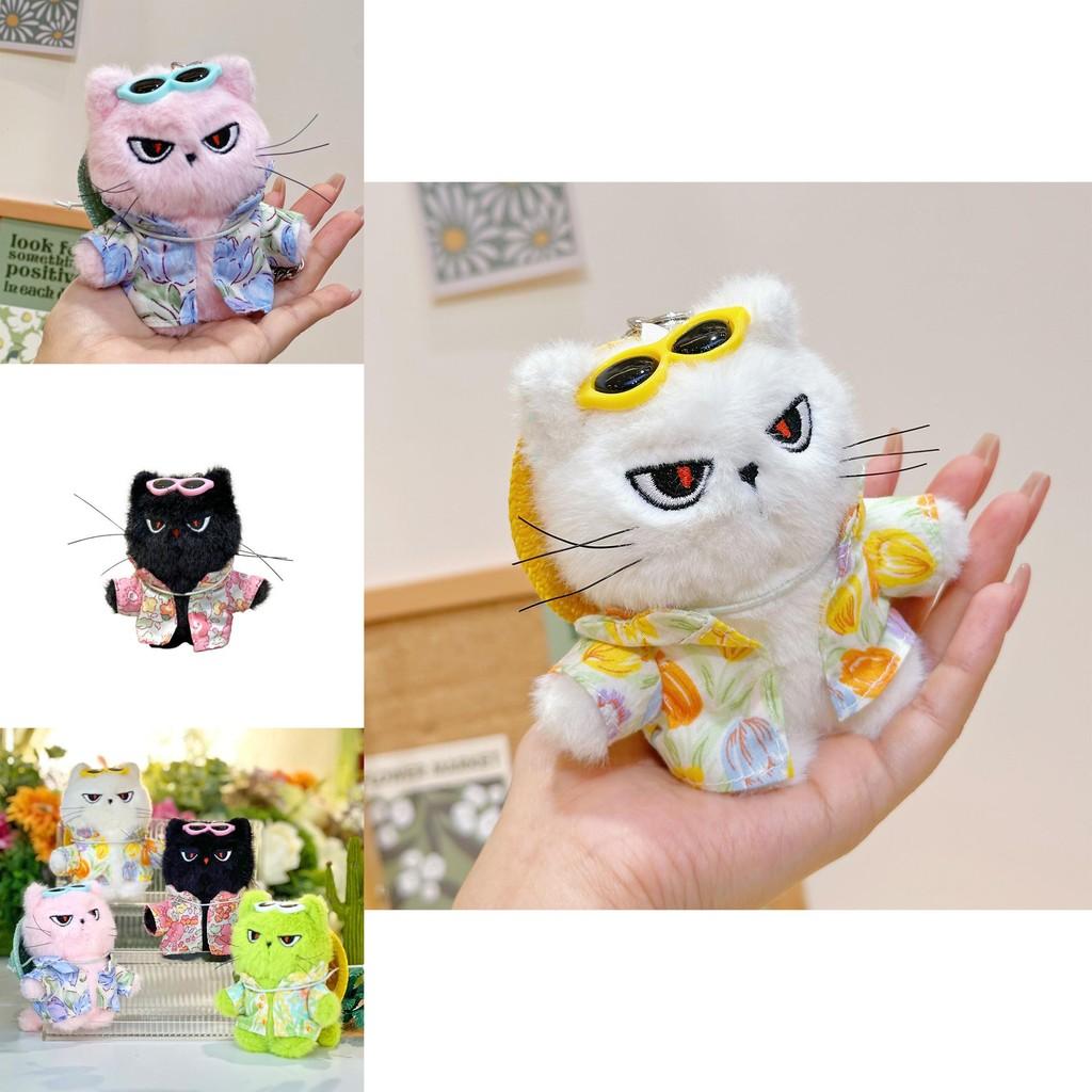 Plush Cat Keychain With Flower Shirt And Sunglasses Design For Cute Gift And Bag Decoration