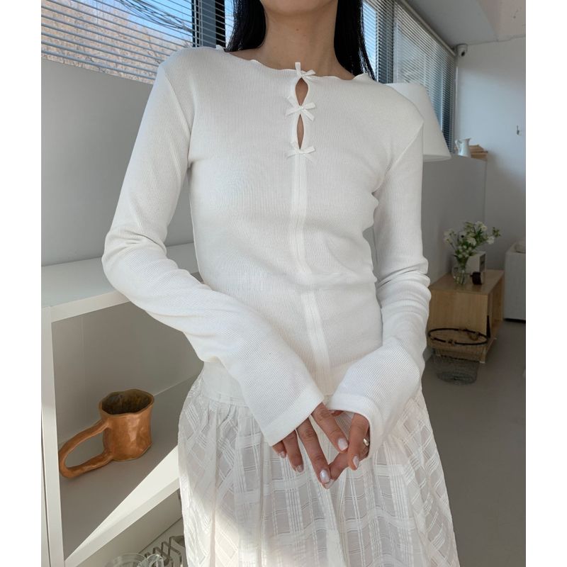 

SEI Water Drop Wooden Ear Slim Fit Long-Sleeved T-shirt Bows White S