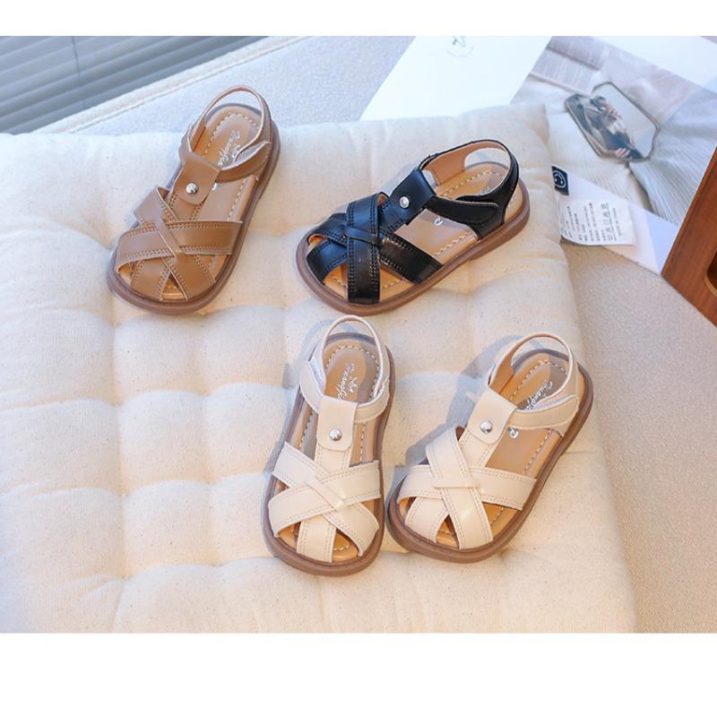 New Summer Korean Style Kids Hook-and-loop Sandals, Closed-toe Woven Soft Sole Beach Shoes for Baby Girls