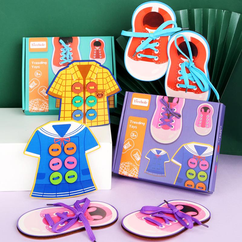 

Montessori Wooden Shoe and Button Lacing Game: Early Education Threading Toy for Kids