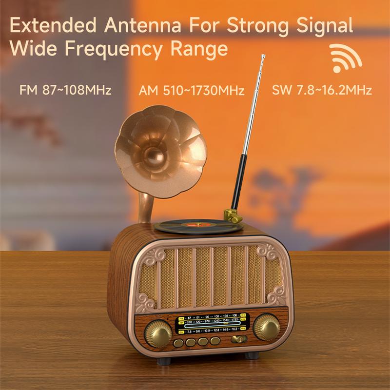 Vícepásmové vintage rádio, přenosné FM AM SW rádio, bezdrátové streamování hudby a přehrávání z TF karty, retro styl pro domácnost/zahradu
