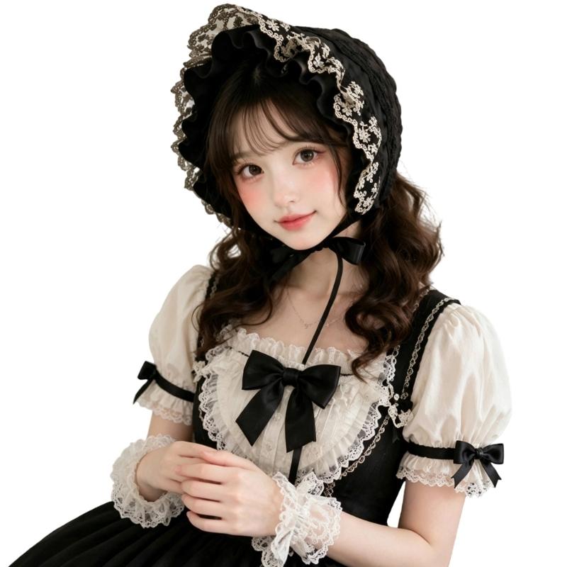 Gekräuselte Spitzenhaube mit Blumenstickerei und faltbarem Design für Cosplay, Anime-Maid und Theaterkostüm-Styling