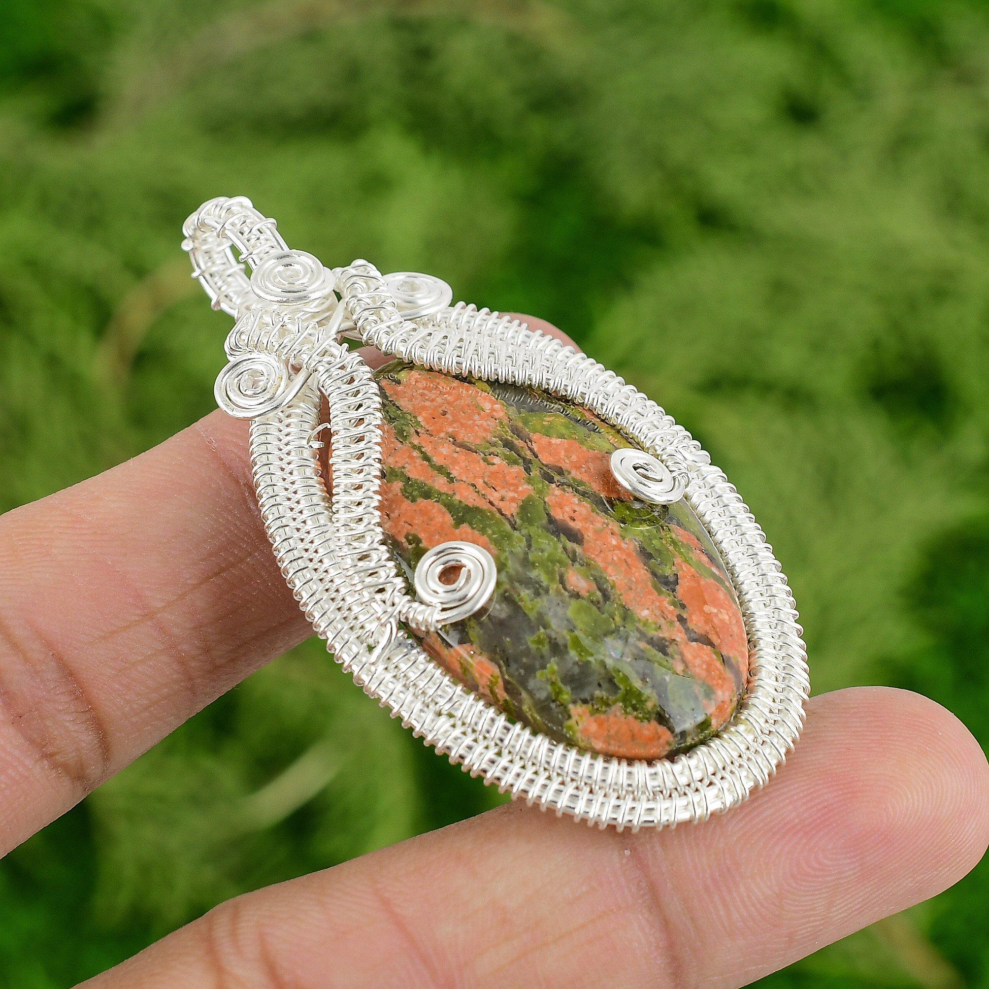 

Oval Unakite Stone Artisan Birthday Wire Wrapping Bezel Pendant Sterling Silver