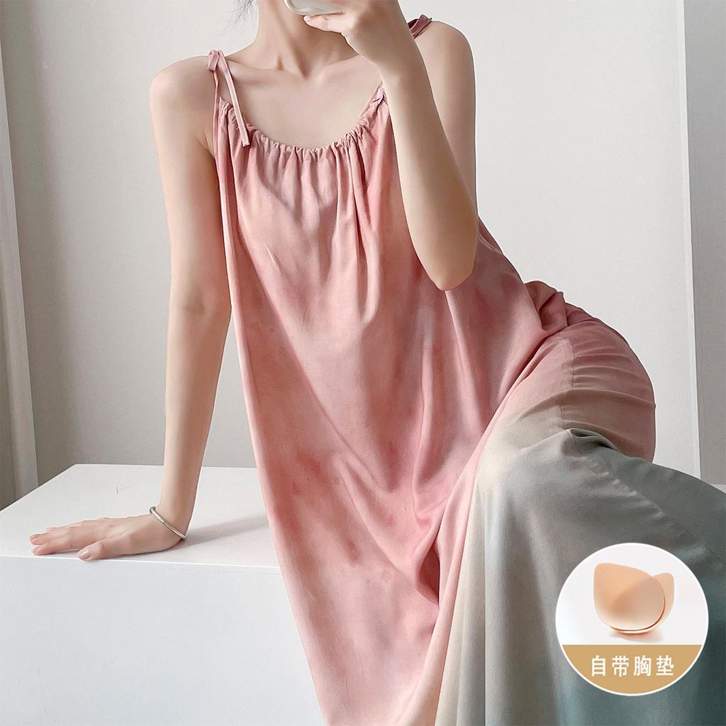 Anti-bump cotton silk suspender nightdress women's summer thin plant flower high-end loungewear with chest pad dress