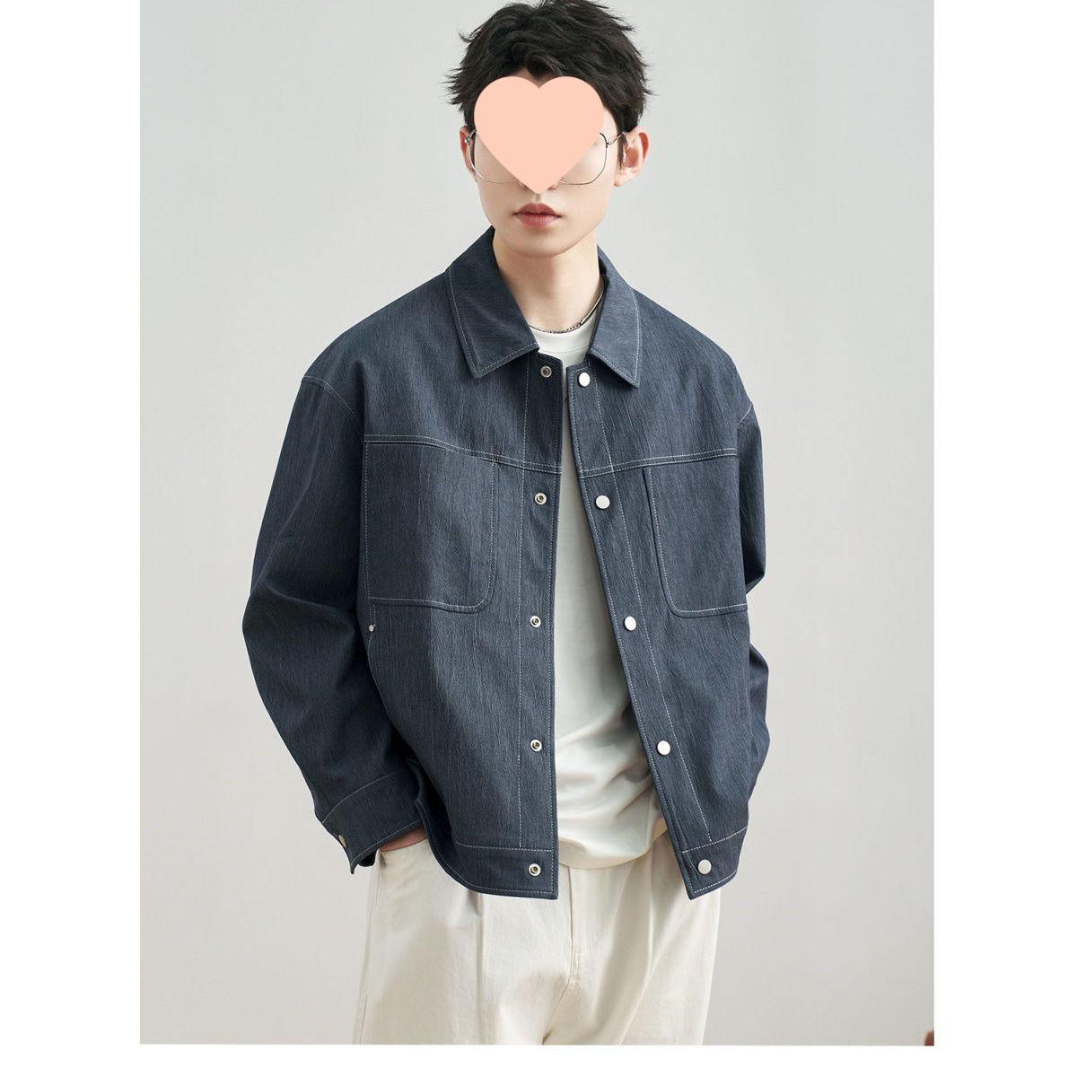 

Men s Japanese Minimalist Faux Denim Jacket - Retro Turn-Down Collar, Trendy, Versatile for Spring/Autumn 2XL (Recommended 145-155 Jin) синий