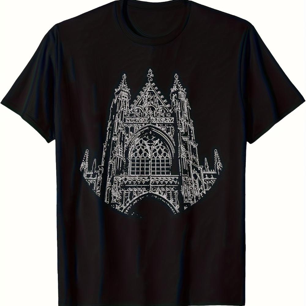 T-Shirt Featuring Gothic Cathedral Architecture Medieval Theme Graphic Short Sleeve Men's T-shi