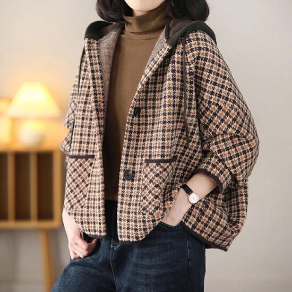 Olivier S cloSet Women houndStooth Colorblock Hoodie Cardigan O2512cd605d