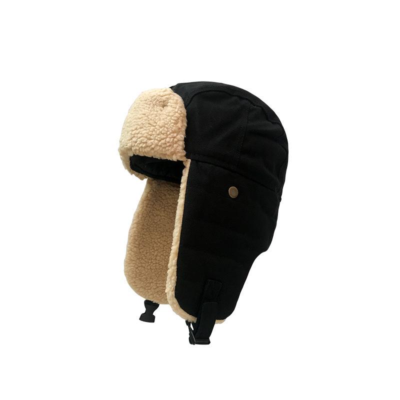

Retro Lamb Wool Canvas Lei Feng Hat with Ear Protection, Velvet-lined, Solid Color, Thickened for Warmth Size 59