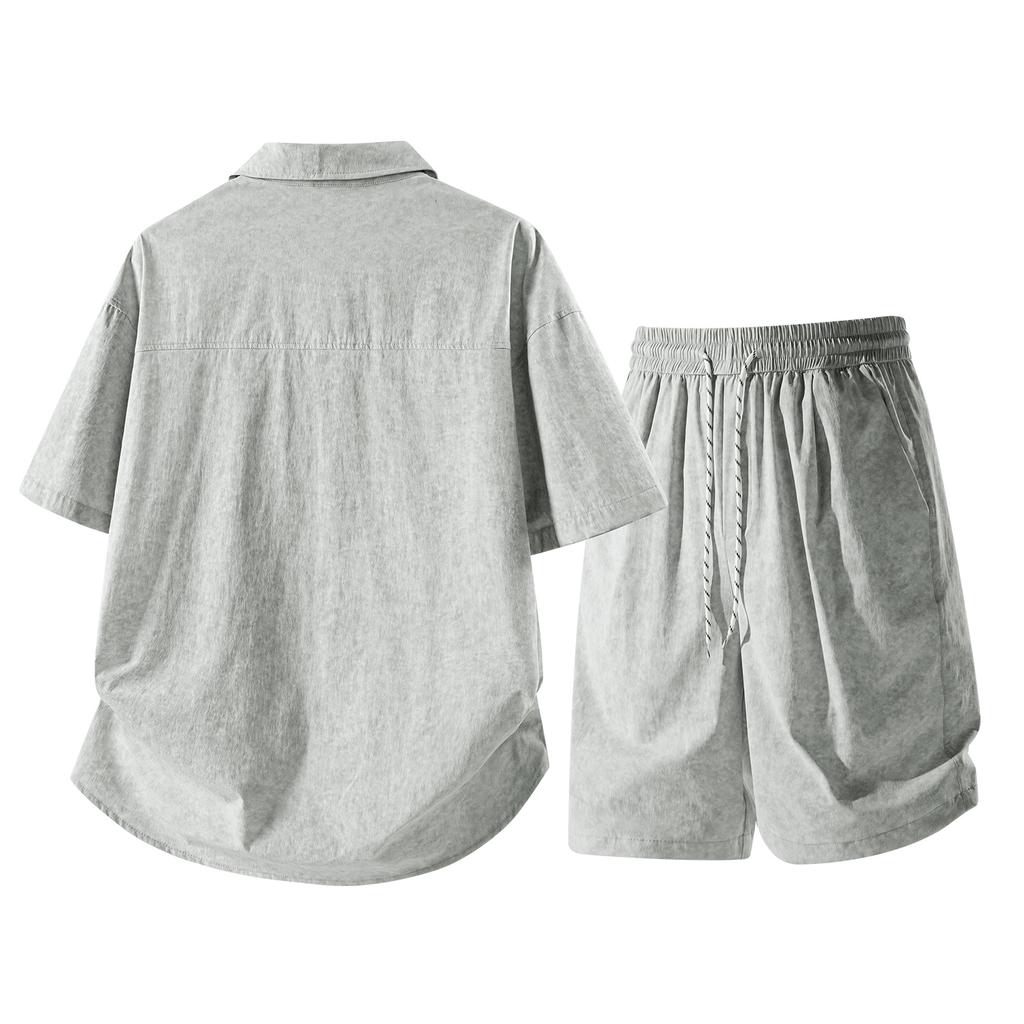 Summer Solid Color Basic Versatile Ice Silk Set Men's Shirt Short Sleeved Set Men's Two-piece Set