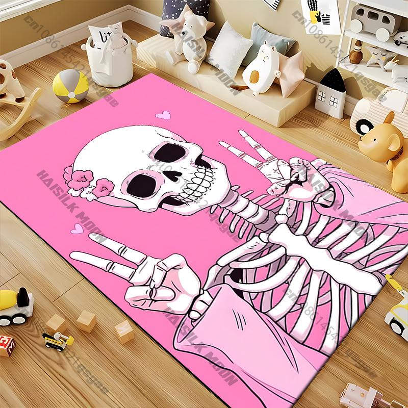 Niedlicher Teppich mit rosa Totenkopf-Aufdruck Spielzimmer Wohnzimmer Schlafzimmerbereich Rutschfester Teppich Fußmatte Geburtstags-Teppiche Geschenk Zuhause Cool