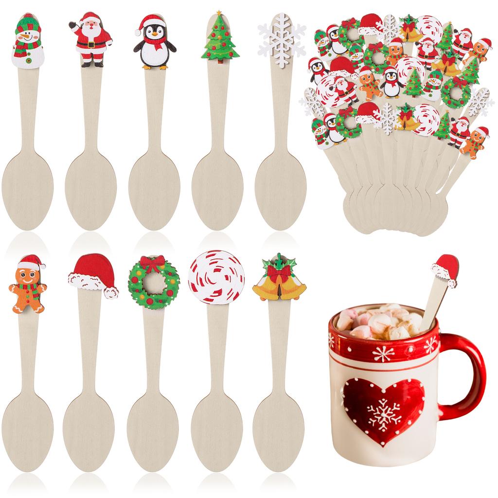 50 Pcs Christmas Wooden Spoons Set Hot Cocoa Stirring Spoons Snowflake Gingerbread Man Snowman Candy Cane Spoon For Winter Tasti