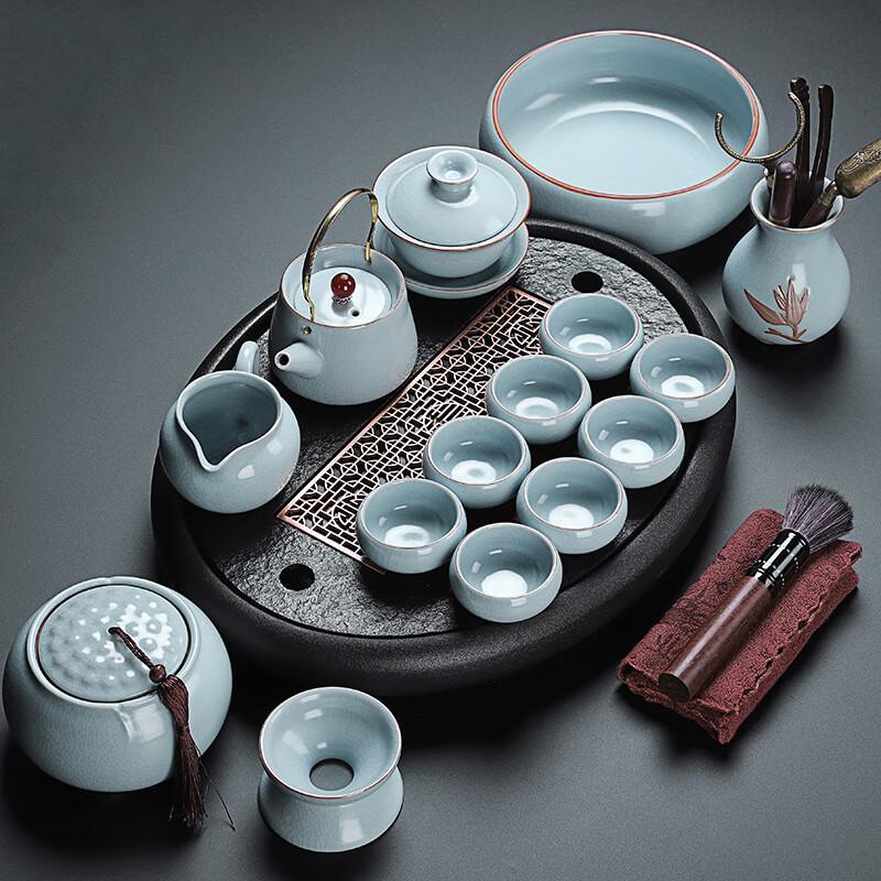 Qixuanyuan Chinese Ru Kiln Tea Set with Guli Lifting Beam Pot, 15-piece