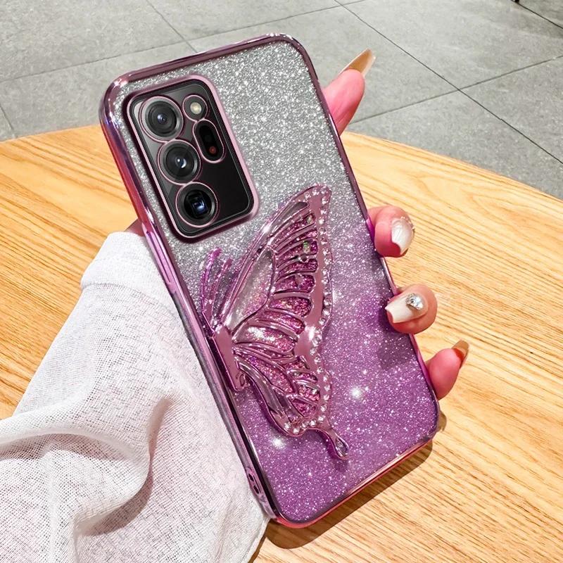 3D Butterfly Glitter Phone Case for Samsung Galaxy Note 20 Ultra Note 10 Plus Note 8 9 Camera Protection Black Cover