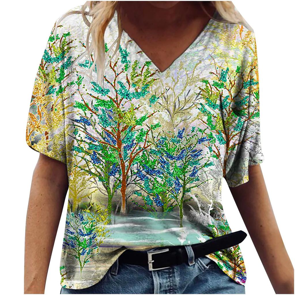 Sommer Graffiti Blume 3D-gedrucktes Kurzarm Damen V-Ausschnitt Buntes Lässiges Vielseitiges T-Shirt