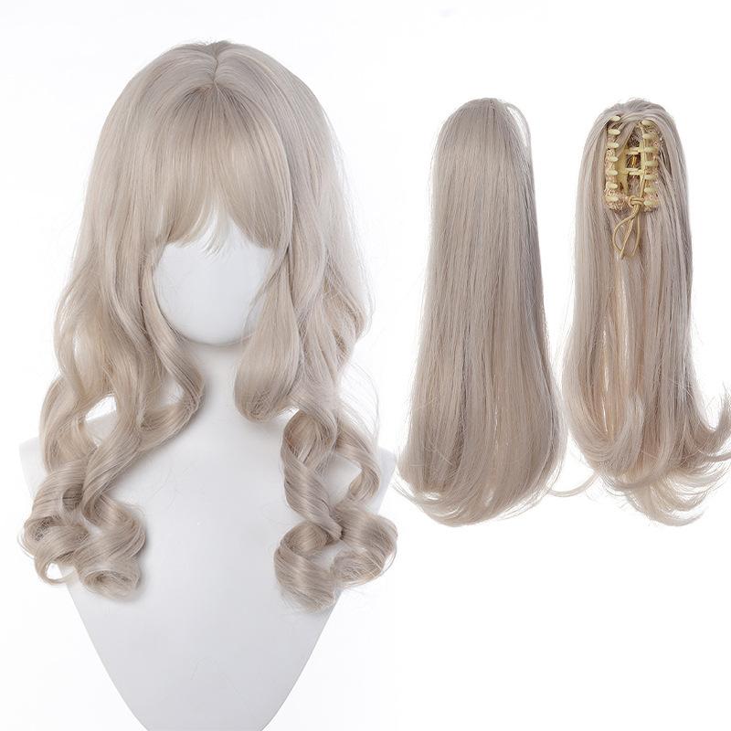 Light gray Roman curl loli hair clip twin ponytail full head wig