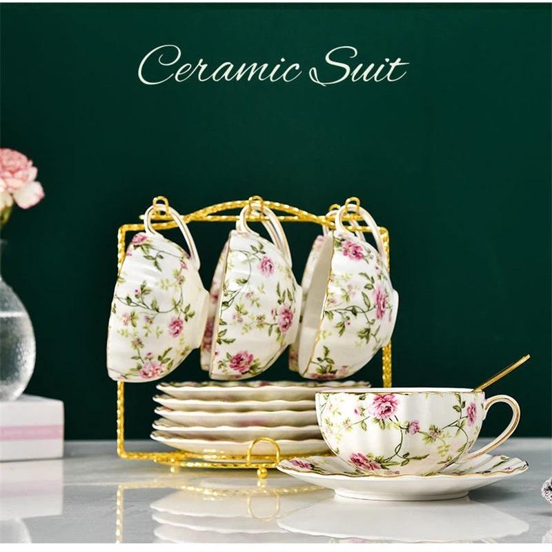 European Bone China Coffee Cup Set – Porcelain Cup, Saucer & Spoon Flowers Tea Set