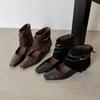 /Soft leather retro square head short boots woven webbing rear zipper middle heel Mary Jane hollow western boots women