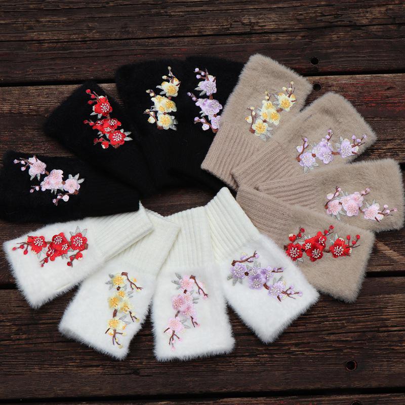 Embroidered Ethnic Style Half-Finger Warm Gloves for Autumn & Winter