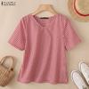 Women Plaid Print Casual V-Neck Short Sleeve Blouse