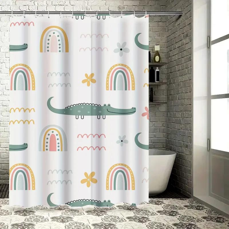 Cute Cartoon Alligator Printed Shower Curtain Waterproof Bathroom Decor Fabric for Kids Bathrooms Green Rainbow Set 180x200cm