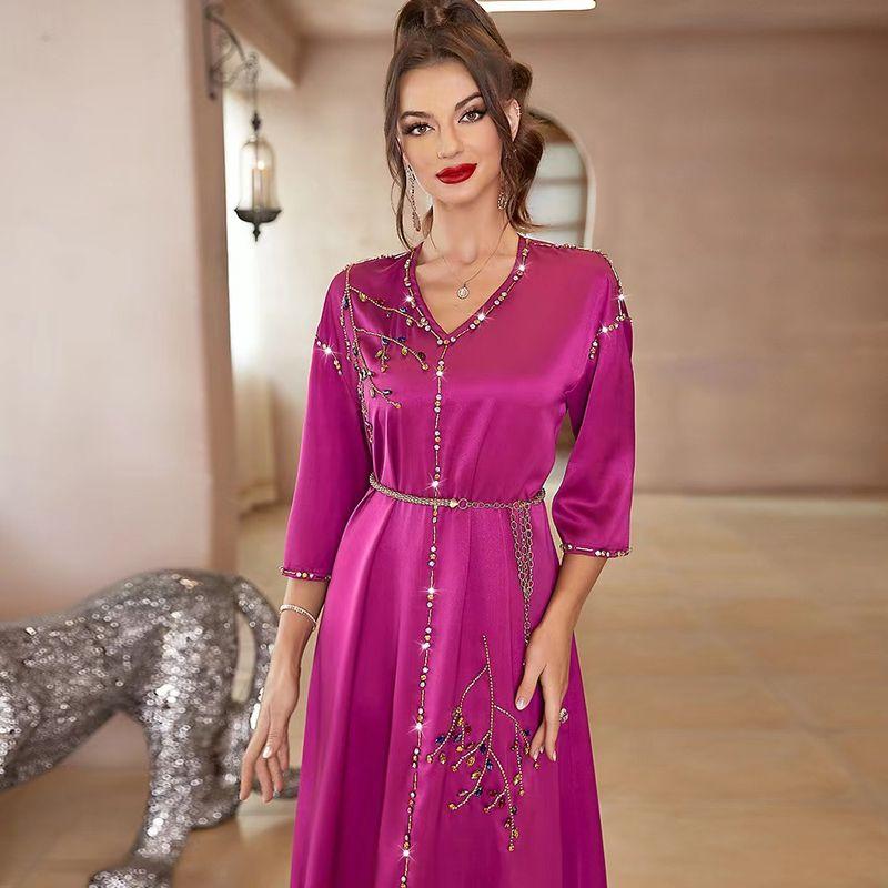 

European and American National Style New Satin Dress V Neck Dress Dress Diamond-Studded Satin Dress Rose Red XL