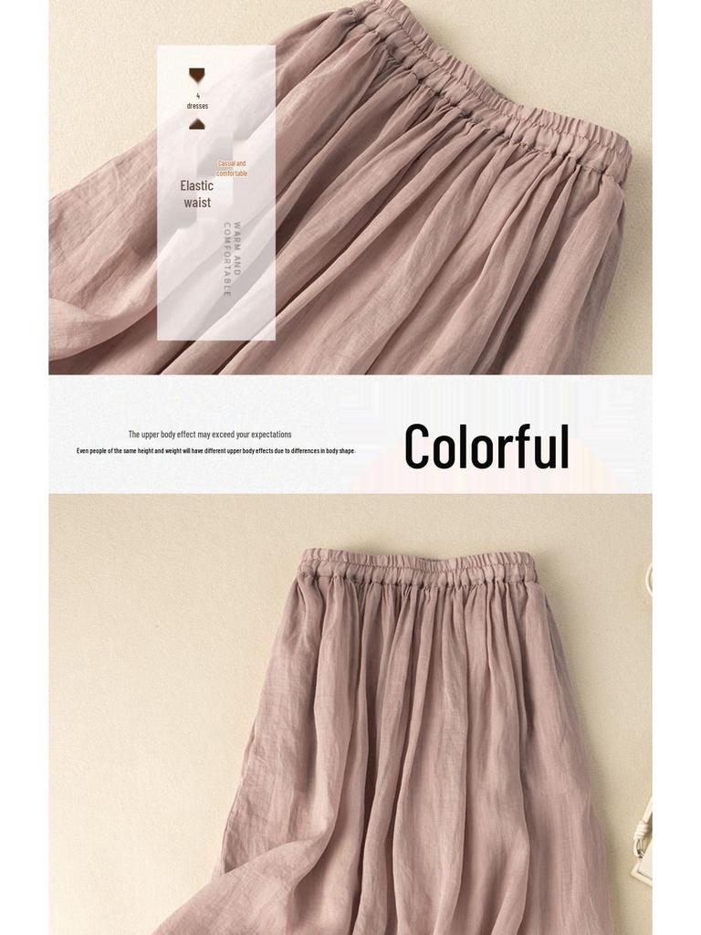 2024 Women's Summer Hanfu Mid-Length Skirt - Retro Cotton/Linen, Hip-Covering, High-End Solid Color Design
